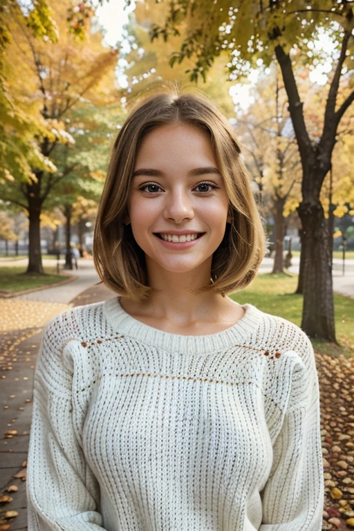 Cheerful cheerful young mother. Cheerful eyes, full of happiness (Expression of joy and peace). calm expression on his face, 21 old years, Realistic (She is wearing a white warm knitted sweater), (Walking in the autumn park). Face turned to the right, looks at the birds flying away. blonde straight hair, Bob haircut