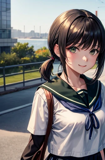 (masterpiece, best quality:1.2),illustration,8k,hd,1girl,solo,upper body,(portrait:1.2),black_hair,short_ponytail,white serafuku,sidelocks,low_ponytail,green_eyes,smile,black_eyes,school_uniform,pleated_skirt,skirt,