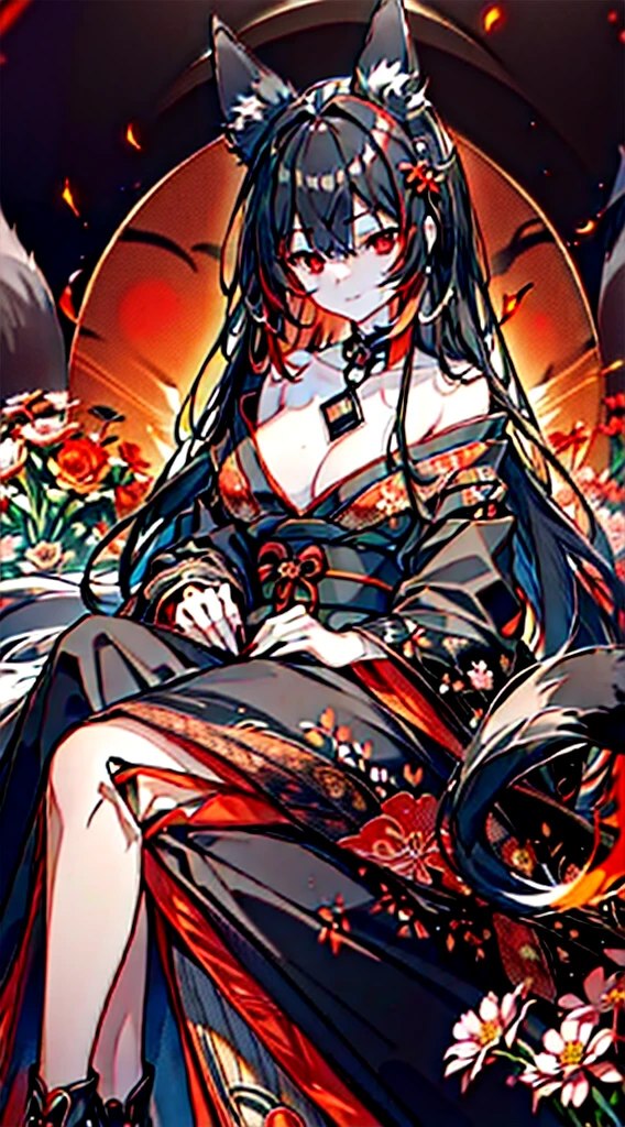 (extremely detailed CG unity 8k wallpaper), (((ultra-detailed))), ((extremely detailed)), (((intricate details))), (((best illustration))), best illumination, ((extremely delicate and beautiful)), ((an extremely delicate and beautiful girl)), colorful, manjusaka, red flower field, (((colorful flowers))), ((solo:1.9)), ((fox girl)), (Black and red Kitsune with long black hair with fox ears and fox tail), (black fox ears:1.4), (red fox ears:1.6), (black single fox tail:1.7) (red fox tip tail:1.3), ((finely detailed beautiful eyes and detailed face)), sad expression, melancholic smile, long hair, (((black hair))), (red eyes:1.9), beautiful detailed eyes, mature female, gentle, slender, medium breast, (Black and red sexy elegant kimono dress:1.3), (medium height black boots:1), ((black choker with red pendent:1)), manjusaka birthmark on neck, sitting, bishoujo, 19 years old,