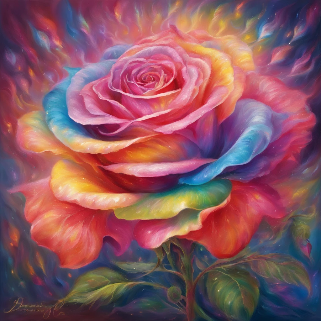 A radiant rose with petals displaying rainbow-like colors,emanating the light of both the sun and the moon