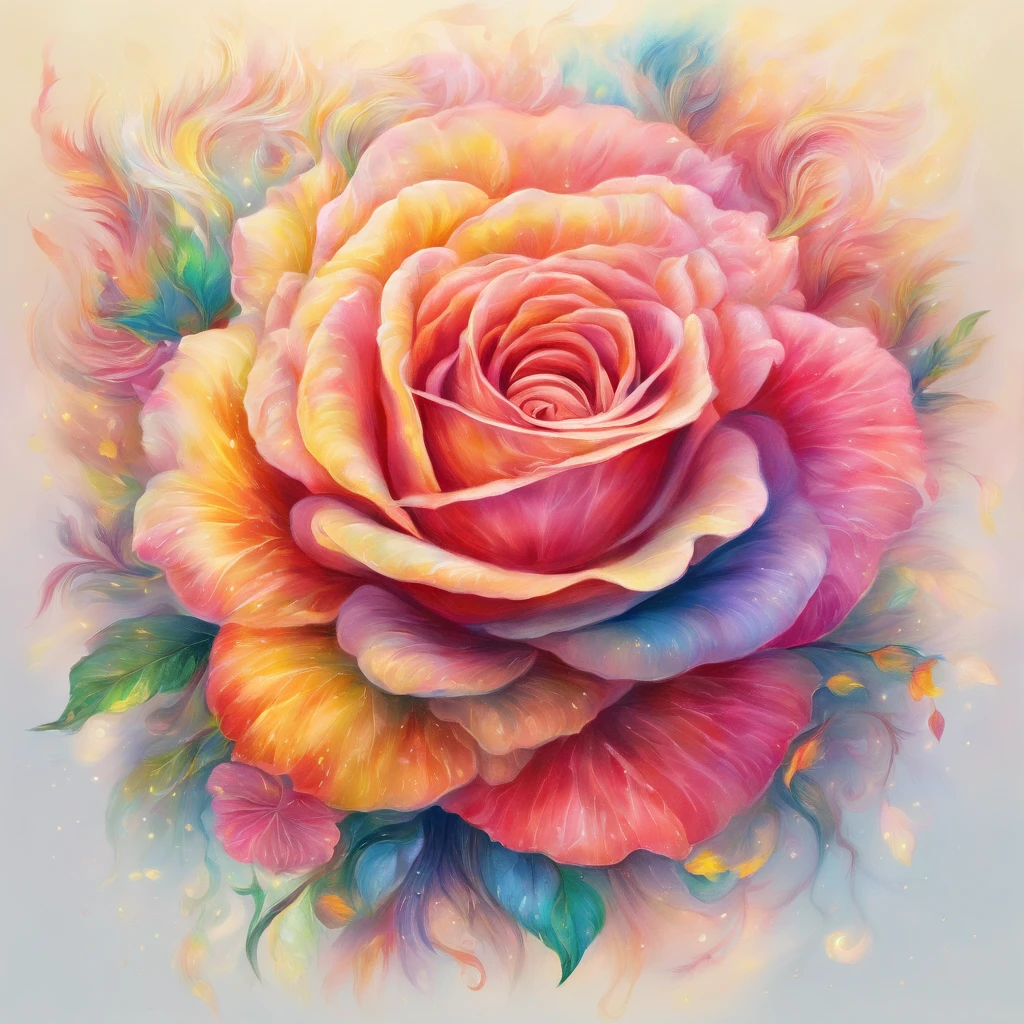 A radiant rose with petals displaying rainbow-like colors,emanating the light of both the sun and the moon