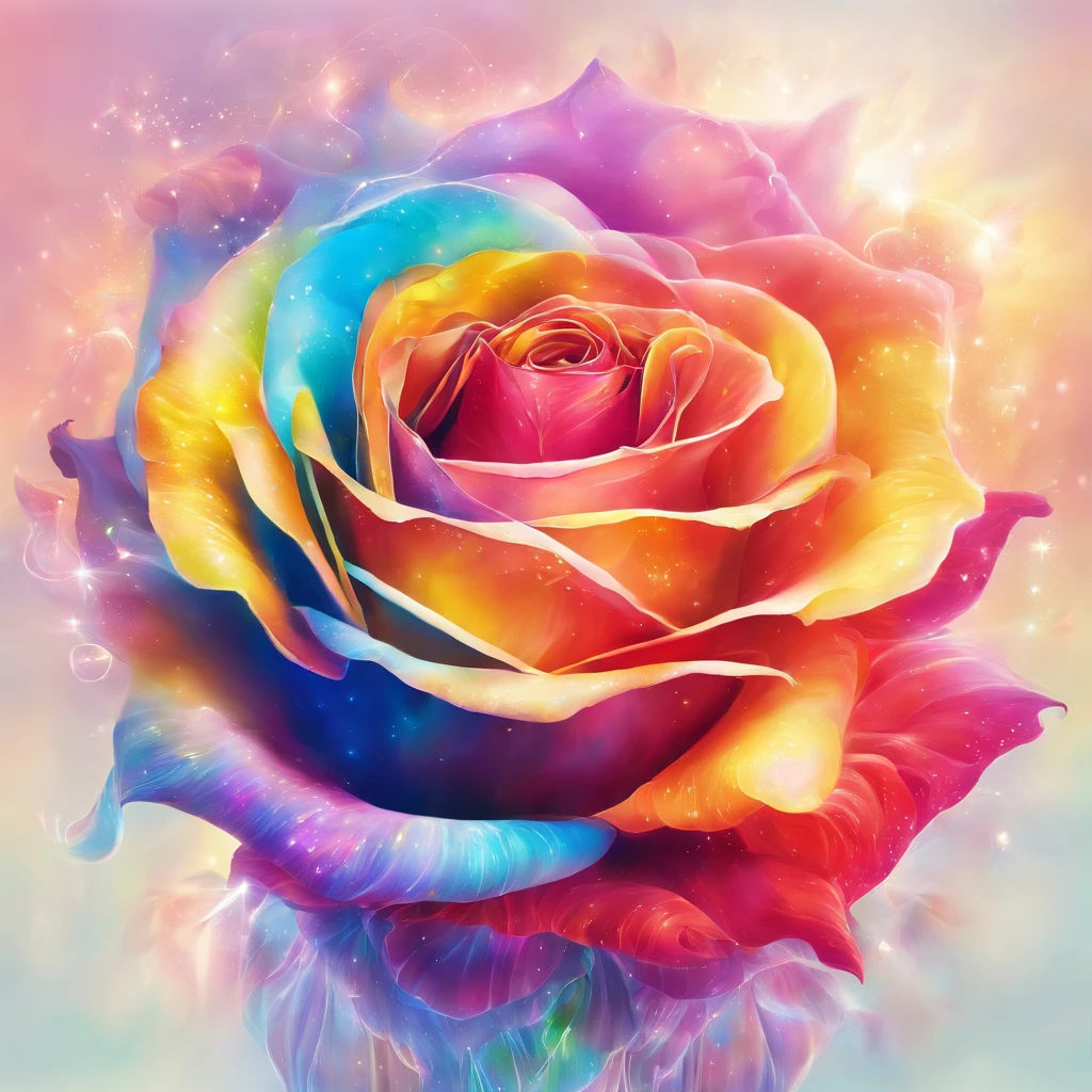 A radiant rose with petals displaying rainbow-like colors,emanating the light of both the sun and the moon