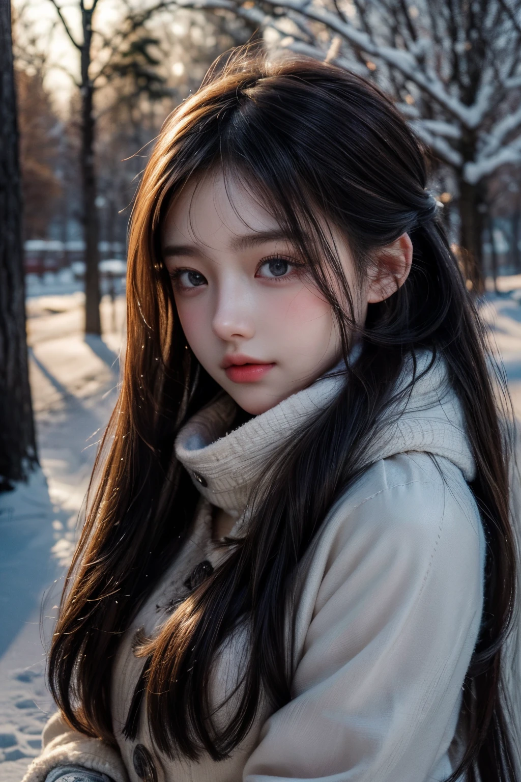 (best quality,4k,8k,highres,masterpiece:1.2),ultra-detailed,realistic,photorealistic:1.37,portrait,painting,illustration,snowing outside,beautiful long ponytailed girl,soft falling snowflakes,outdoor winter scene,cold weather,cozy winter vibes,serene expression,warm winter clothing,crisp air,hushed surroundings,subtle light and shadow,delicate facial features,sparkling eyes,rosy cheeks,snow-covered trees,peaceful atmosphere,subdued color palette,play of light on the girl's face,gentle breeze,calm and tranquil setting