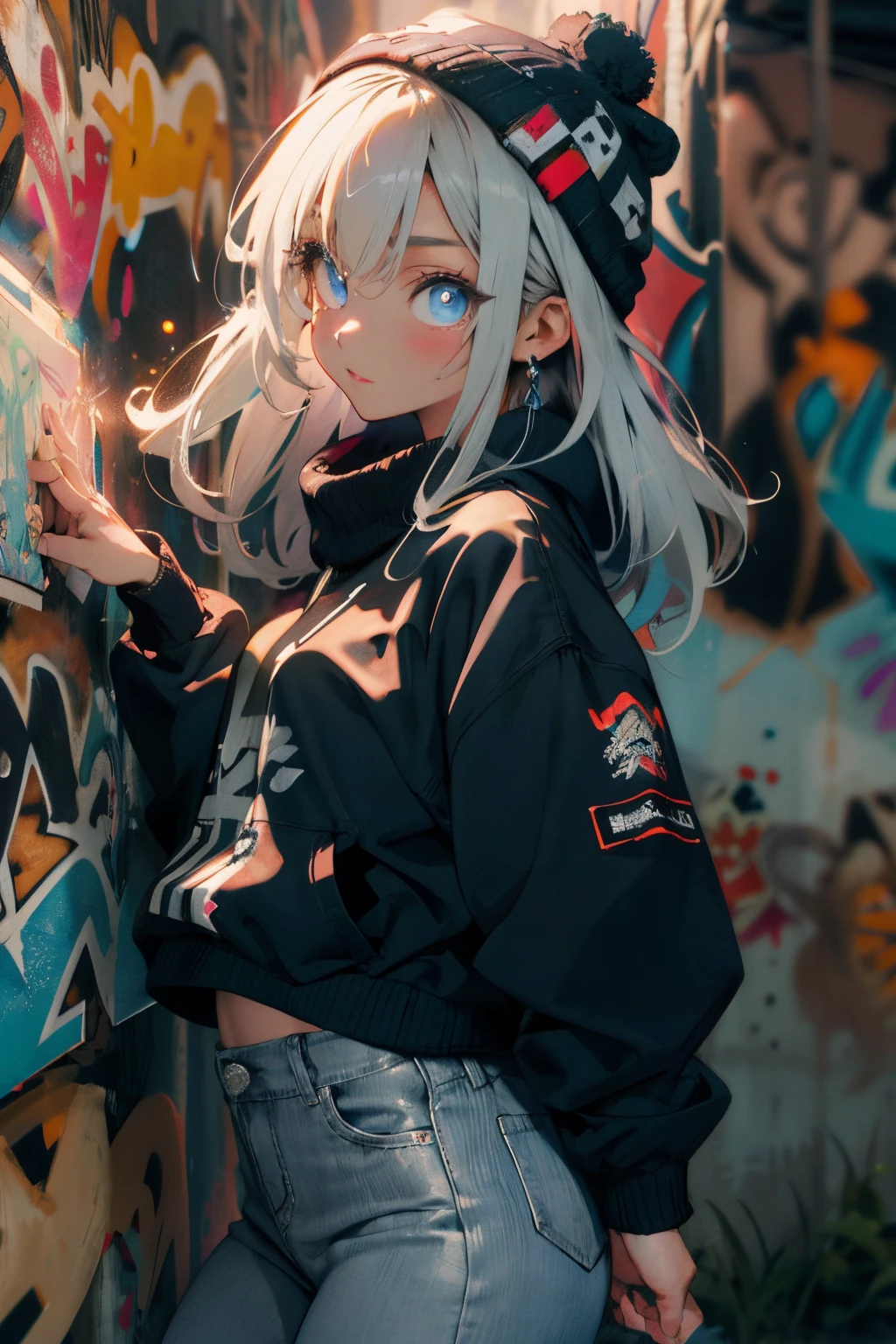 make realistic,(nmasterpiece,top Quority,best qualtiy,offcial art),ighly detailed,Colorful,best detailed,fairy chalet,Broad background,Kamimei,length hair,cabelos preto e longos,Beautiful woman、(masterpiece:1.2、top-quality)、(graffiti wall:1.2)、1lady、Beanie、jaket、leggins、blue eyess、full bodyesbian、