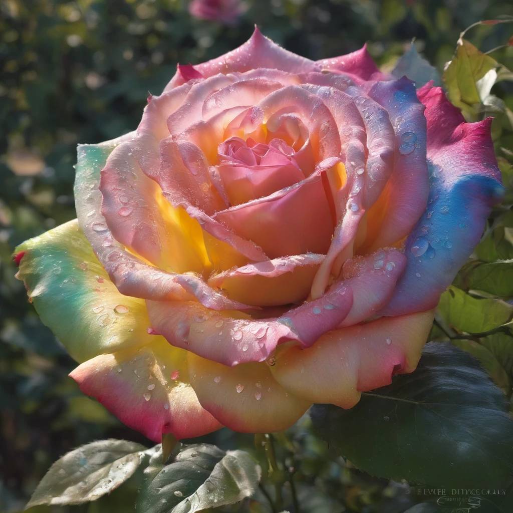 A radiant rose with petals displaying rainbow-like colors,emanating the light of both the sun and the moon