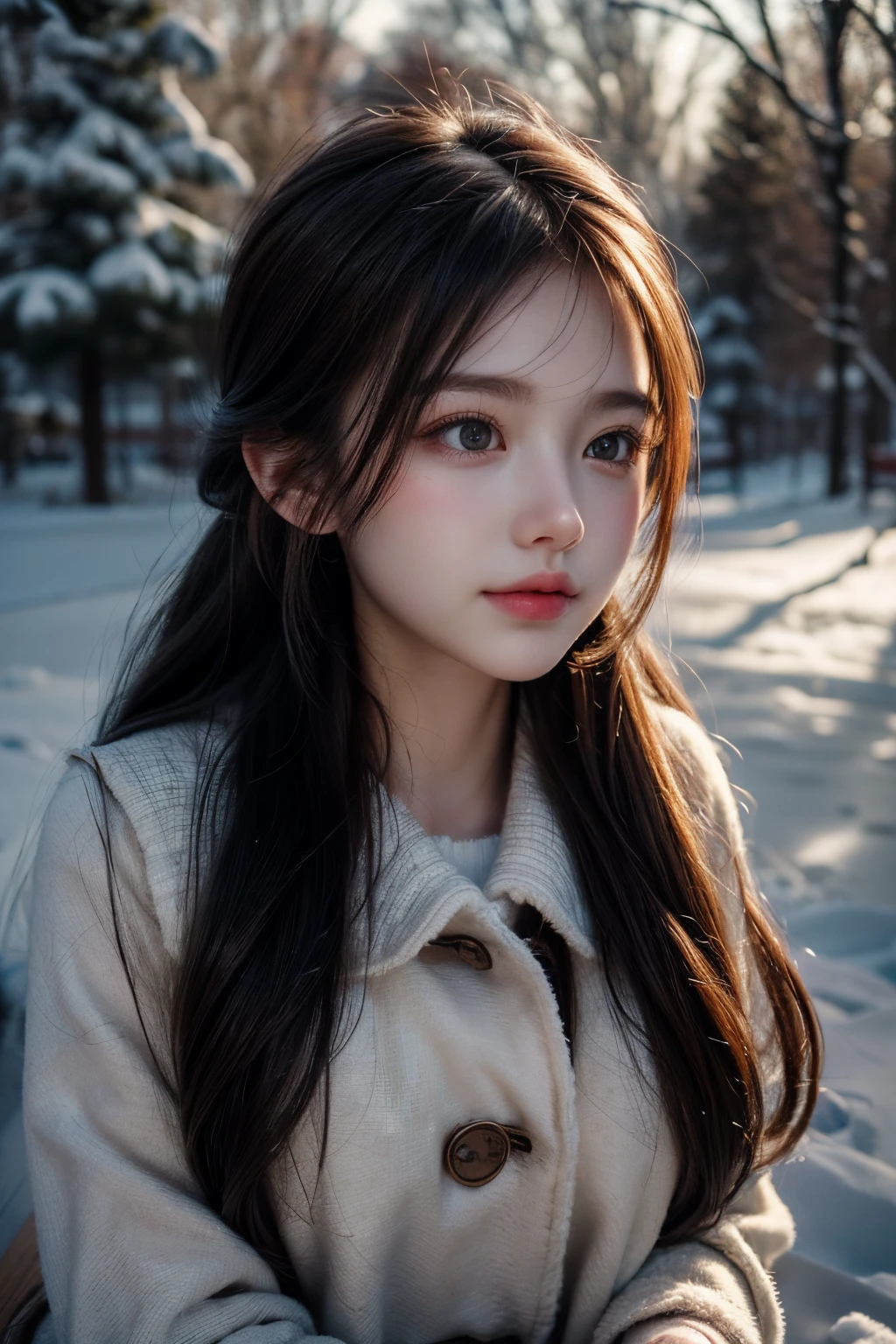 (best quality,4k,8k,highres,masterpiece:1.2),ultra-detailed,realistic,photorealistic:1.37,portrait,painting,illustration,snowing outside,beautiful long ponytailed girl,soft falling snowflakes,outdoor winter scene,cold weather,cozy winter vibes,serene expression,warm winter clothing,crisp air,hushed surroundings,subtle light and shadow,delicate facial features,sparkling eyes,rosy cheeks,snow-covered trees,peaceful atmosphere,subdued color palette,play of light on the girl's face,gentle breeze,calm and tranquil setting
