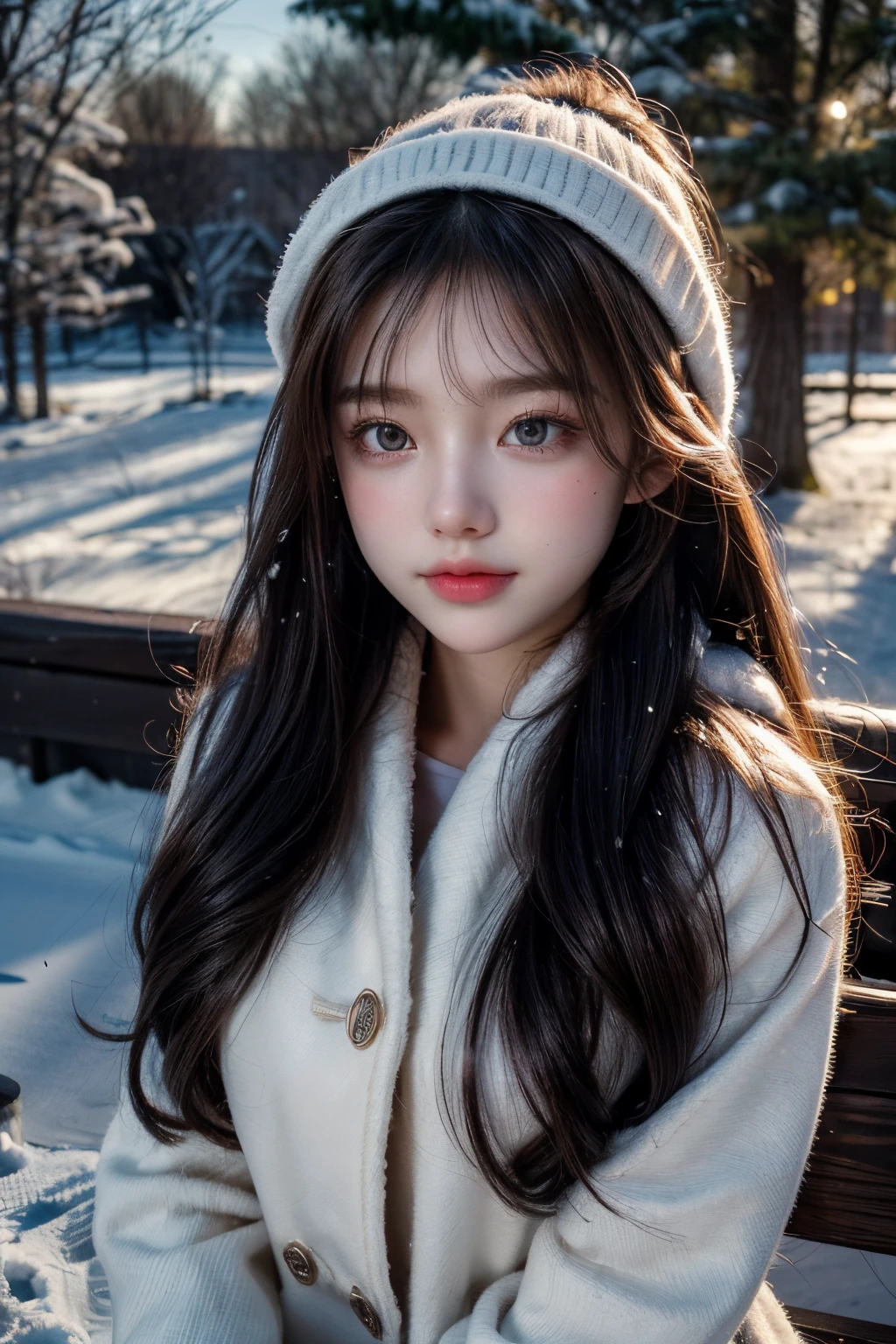(best quality,4k,8k,highres,masterpiece:1.2),ultra-detailed,realistic,photorealistic:1.37,portrait,painting,illustration,snowing outside,beautiful long ponytailed girl,soft falling snowflakes,outdoor winter scene,cold weather,cozy winter vibes,serene expression,warm winter clothing,crisp air,hushed surroundings,subtle light and shadow,delicate facial features,sparkling eyes,rosy cheeks,snow-covered trees,peaceful atmosphere,subdued color palette,play of light on the girl's face,gentle breeze,calm and tranquil setting