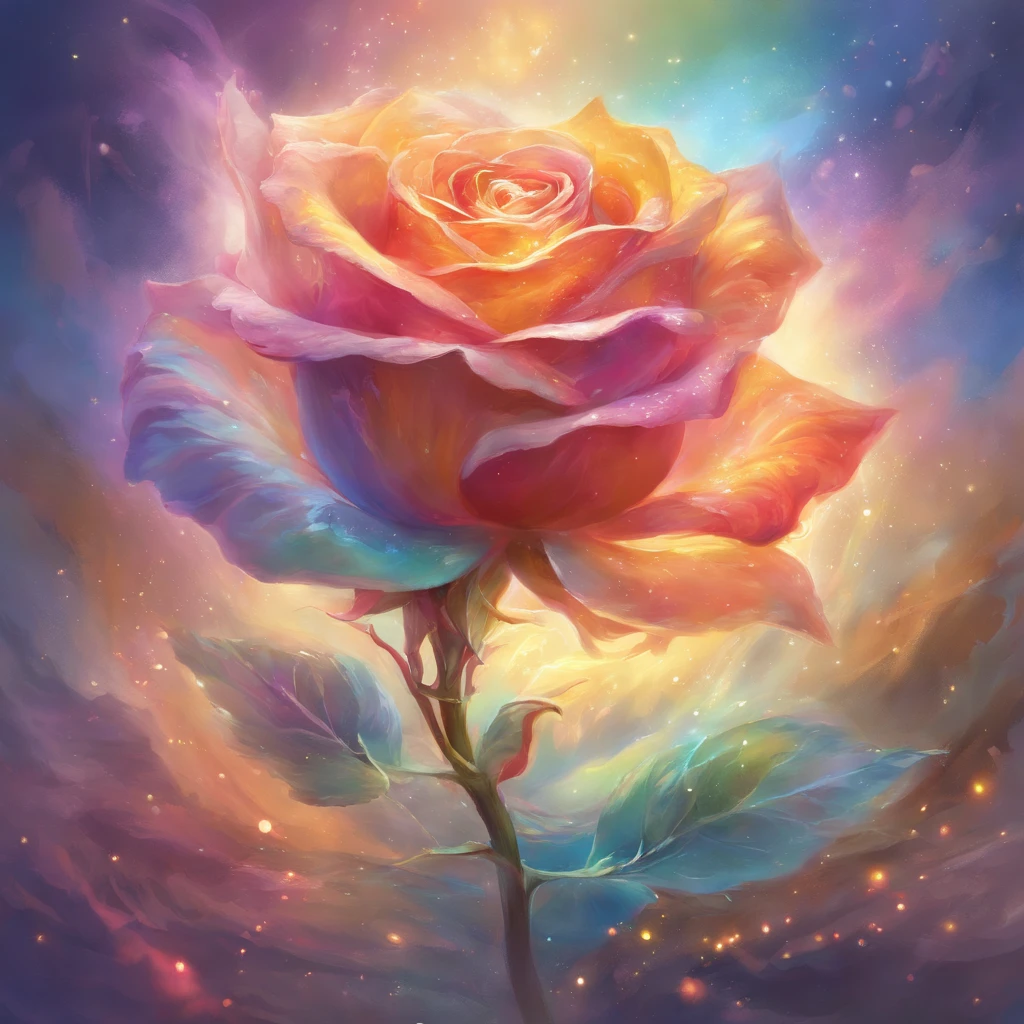 A radiant rose with petals displaying rainbow-like colors,emanating the light of both the sun and the moon