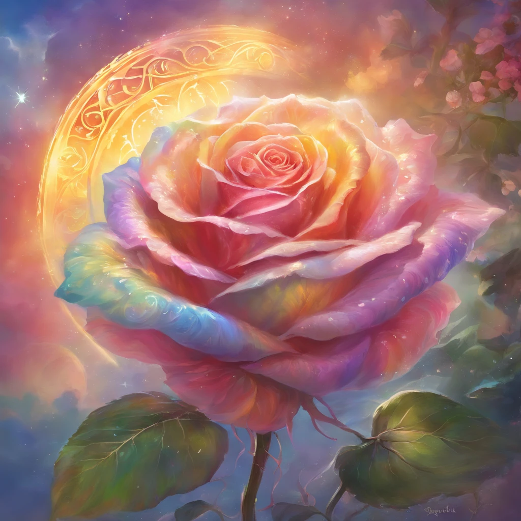 A radiant rose with petals displaying rainbow-like colors,emanating the light of both the sun and the moon