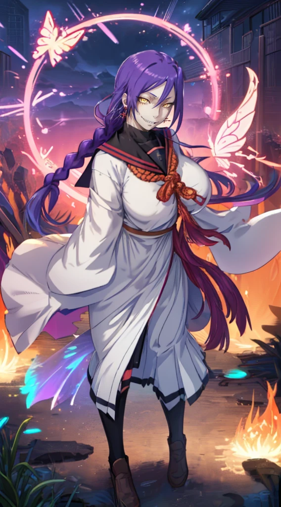 girl, solo, looking at viewer, cowboy shot, hand arms full body,boots, standing,cute,breast, curvy, female,fantasy goddess,there is a cartoon picture of a woman with a very large breast, glowing divine being, glowing holy aura, inspired by Luma Rouge, the non-binary deity of spring, ethereal rainbow nimbus, the butterfly goddess of fire, inspired by Mariel, glowing aura around her, astral wind, as the goddess of the saturn, “uwu the prismatic person, big breast, serious, beautiful eyes, , full body, walking, long robe, long dress, ,priestess ,holy, smile, god rays, ray tracing, sparkle, cinematic lighting, UHD, retina, masterpiece, ccurate, anatomically correct, textured skin, super detail, high details, high quality, award winning, best quality, highres, 1080P, HD, 4K, thunder aura, light aura,full, snak staff,closed mouth #re:creators #maggane chikujoin: chikujoin magane sharp teeth single braid school uniform serafuku pleated skirt thighhighs gloves earrings Version No.:, long skirt, sharpteeth smile, pullover,tunic, standing, posing