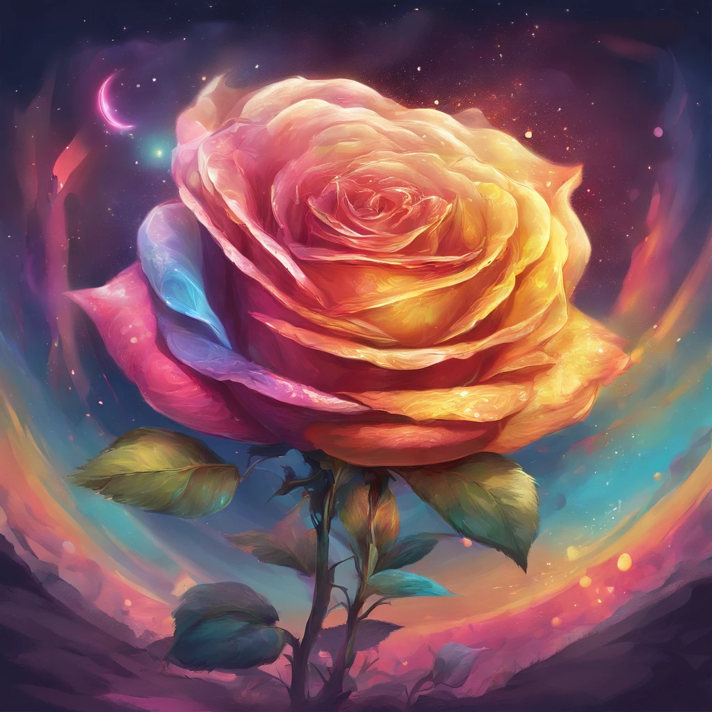 A radiant rose with petals displaying rainbow-like colors,emanating the light of both the sun and the moon