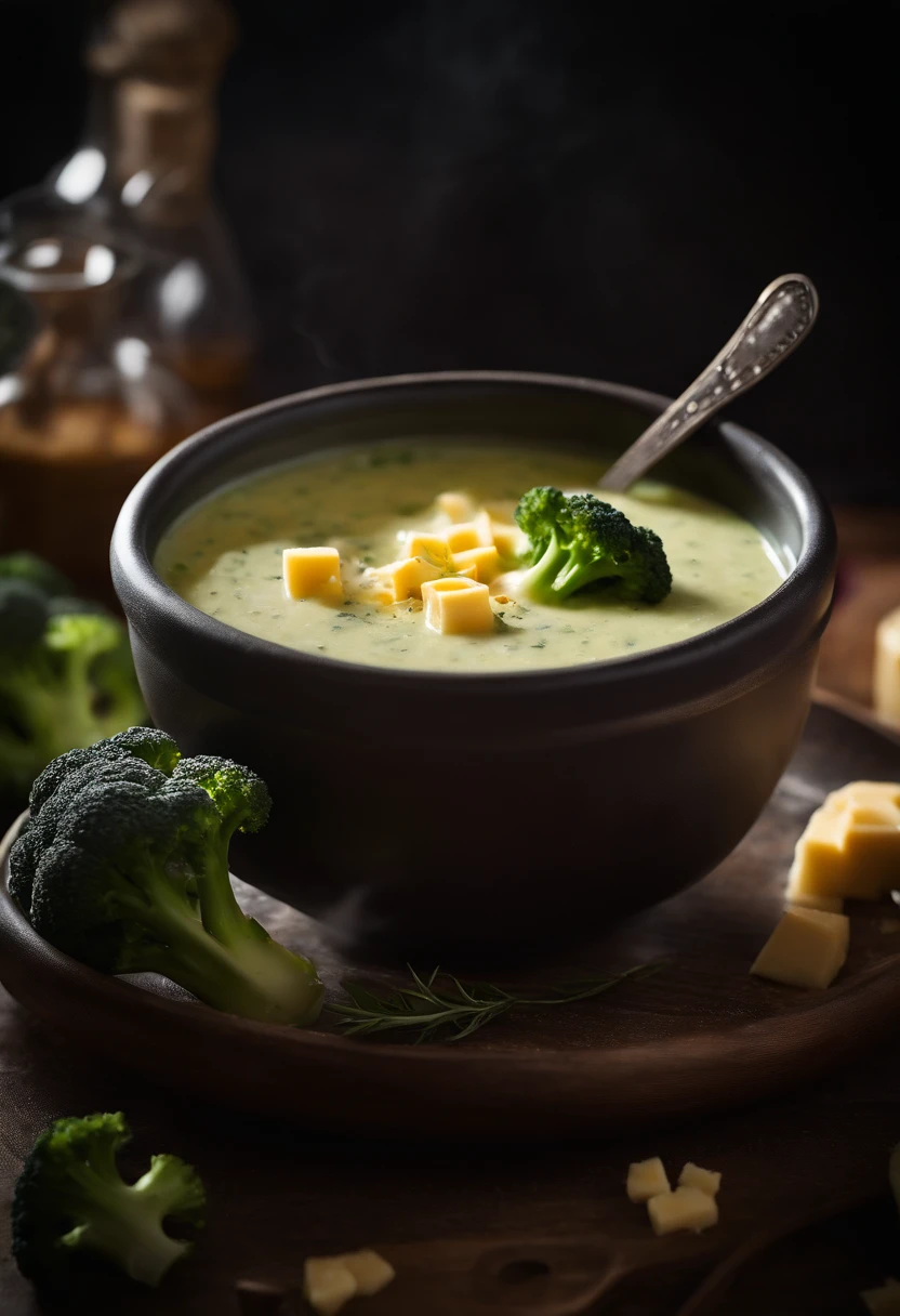 A visually stunning composition of a broccoli and cheese soup in a ceramic bowl, with steam rising from the creamy surface, creating a visually comforting and satisfying image.