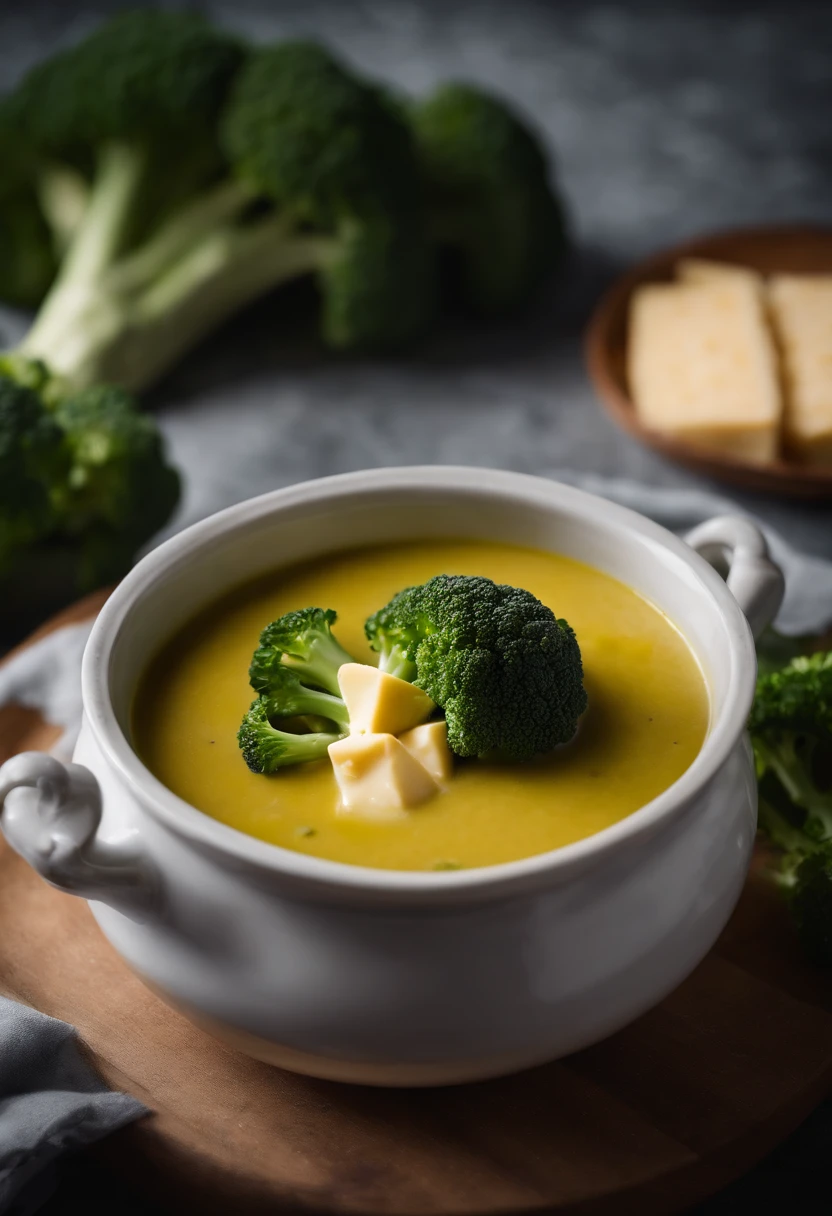 A visually stunning composition of a broccoli and cheese soup in a ceramic bowl, with steam rising from the creamy surface, creating a visually comforting and satisfying image.