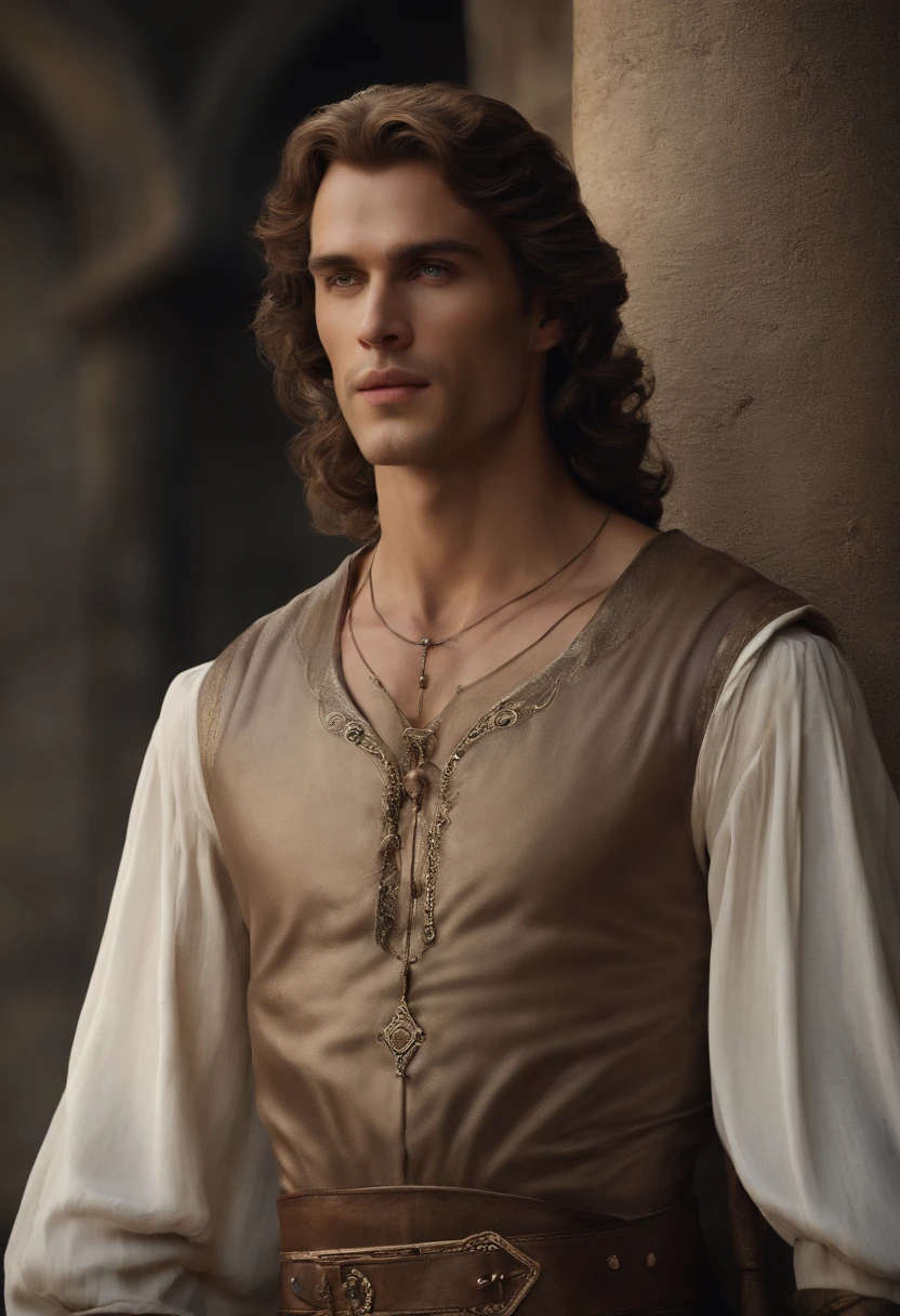 Aemond is seen overseeing the construction of a new tower in the courtyard of his castle. He is standing tall and regal, his arms crossed over his chest as he inspects the progress of the workers.,A Song of Ice and Fire,His physical presence is characterized by silver, straight, and well-kept hair cascading down a long and sharp face. A sharp jawline, straight nose, pointed chin, and the unique feature of a missing right eye add to his distinctive appearance. The left eye, a striking lilac hue, draws attention, with the empty right eye socket adorned by a sapphire or concealed by an eyepatch. Thin lips, a pale complexion, and a serious expression complete his visage. Aemond's tall, slim, and lithe build contributes to an overall image of strength and regality.