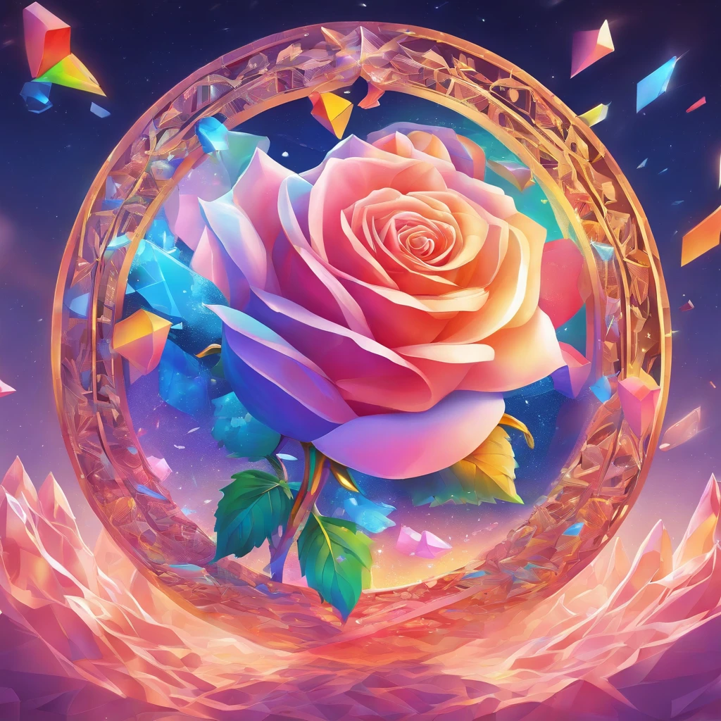 A radiant rose with petals displaying rainbow-like colors,emanating the light of both the sun and the moon，Crystal material