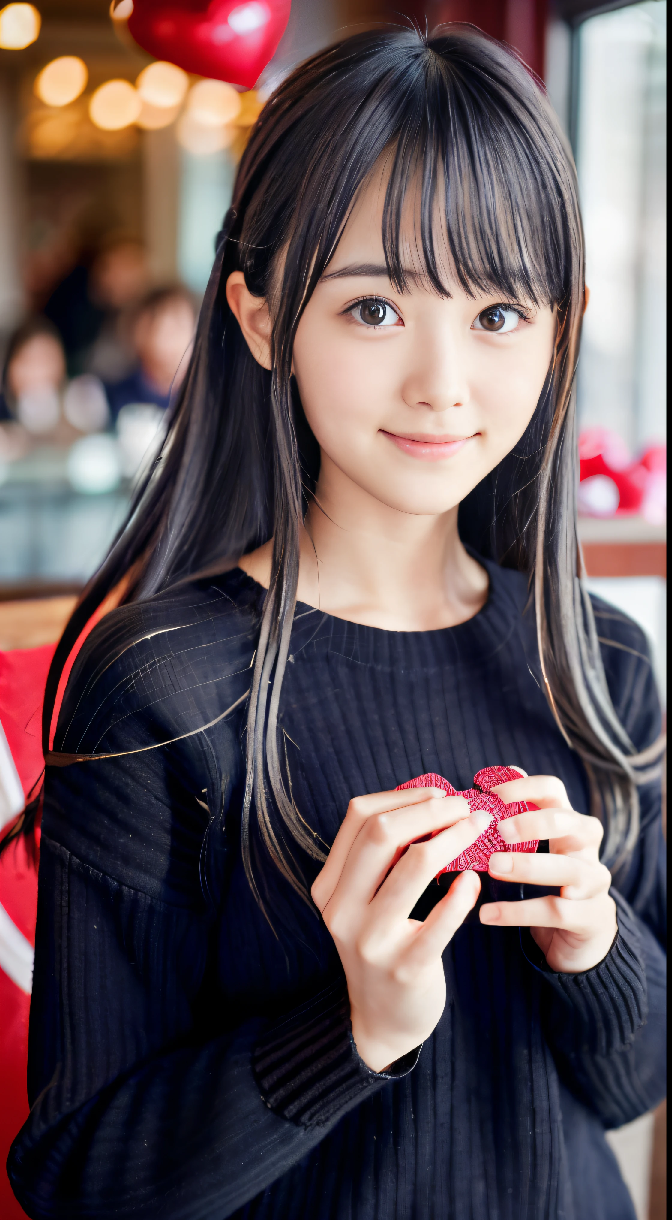 (Close-up portrait of slender small chest half-up hair of girl with blunt bangs in winter coat and sweater:1.5)、(One girl holds a Valentine&#39;s Day gift box in her hand with a shy smile:1.5)、(Blurry background,:1.5)、(Perfect Anatomy:1.3)、(complete hands:1.3)、(complete fingers:1.3)、Photorealsitic、Raw photography、masutepiece、top-quality、hight resolution、delicate and pretty、face perfect、Beautiful detailed eyes、Fair skin、Real Human Skin、((thin legs))、(Dark hair)