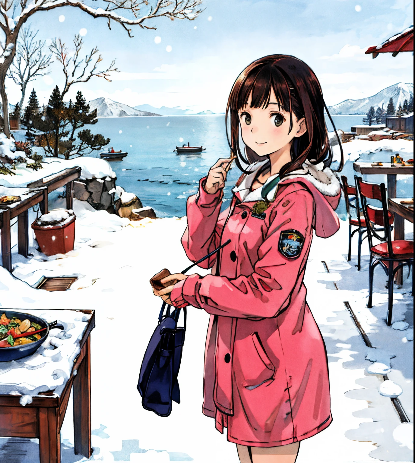 best quality, detailed background, girl,sea, cafeteria, bird, snow, winter,