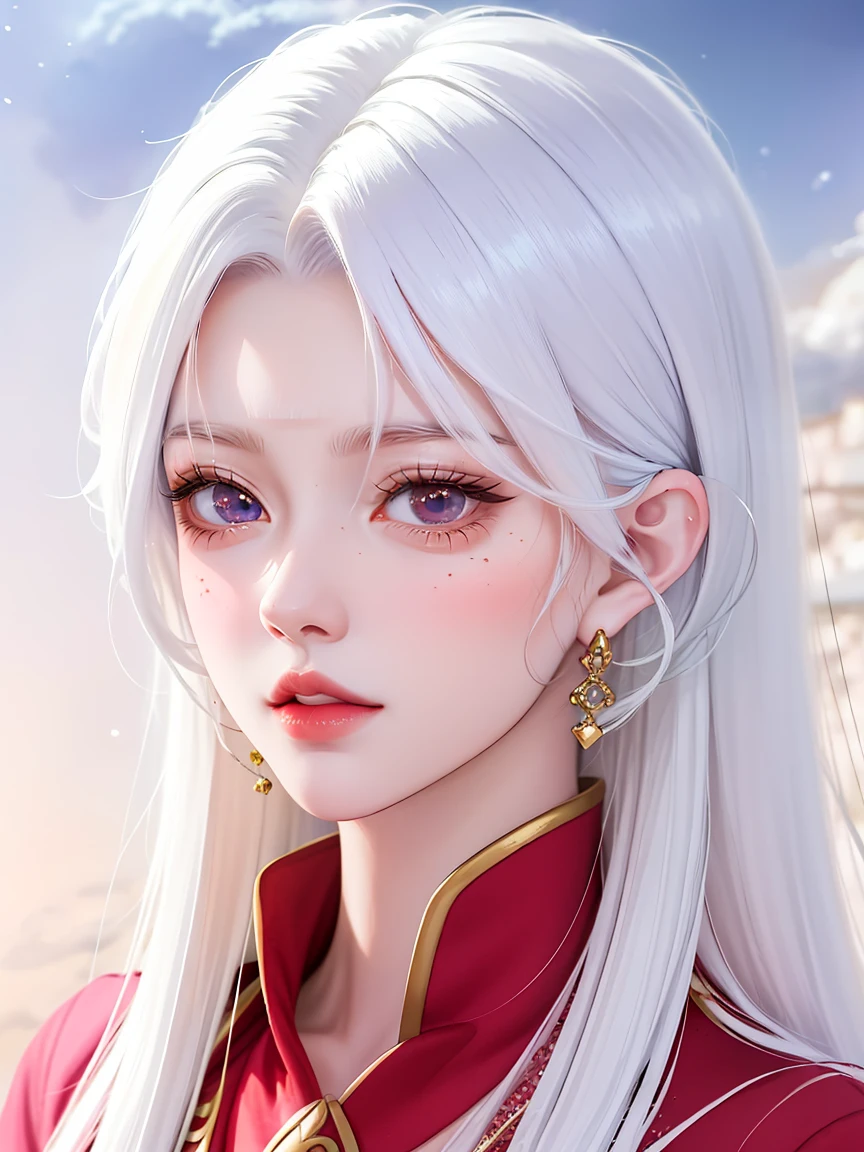 anime girl with long white hair and red collared top, beautiful anime portrait, white haired deity, white hime cut hairstyle, girl with white hair, guweiz, detailed portrait of anime girl, beautiful anime girl, stunning anime face portrait, portrait of an anime girl, beautiful anime style, portrait anime girl, beautiful anime woman, perfect white haired girl, beautiful anime face