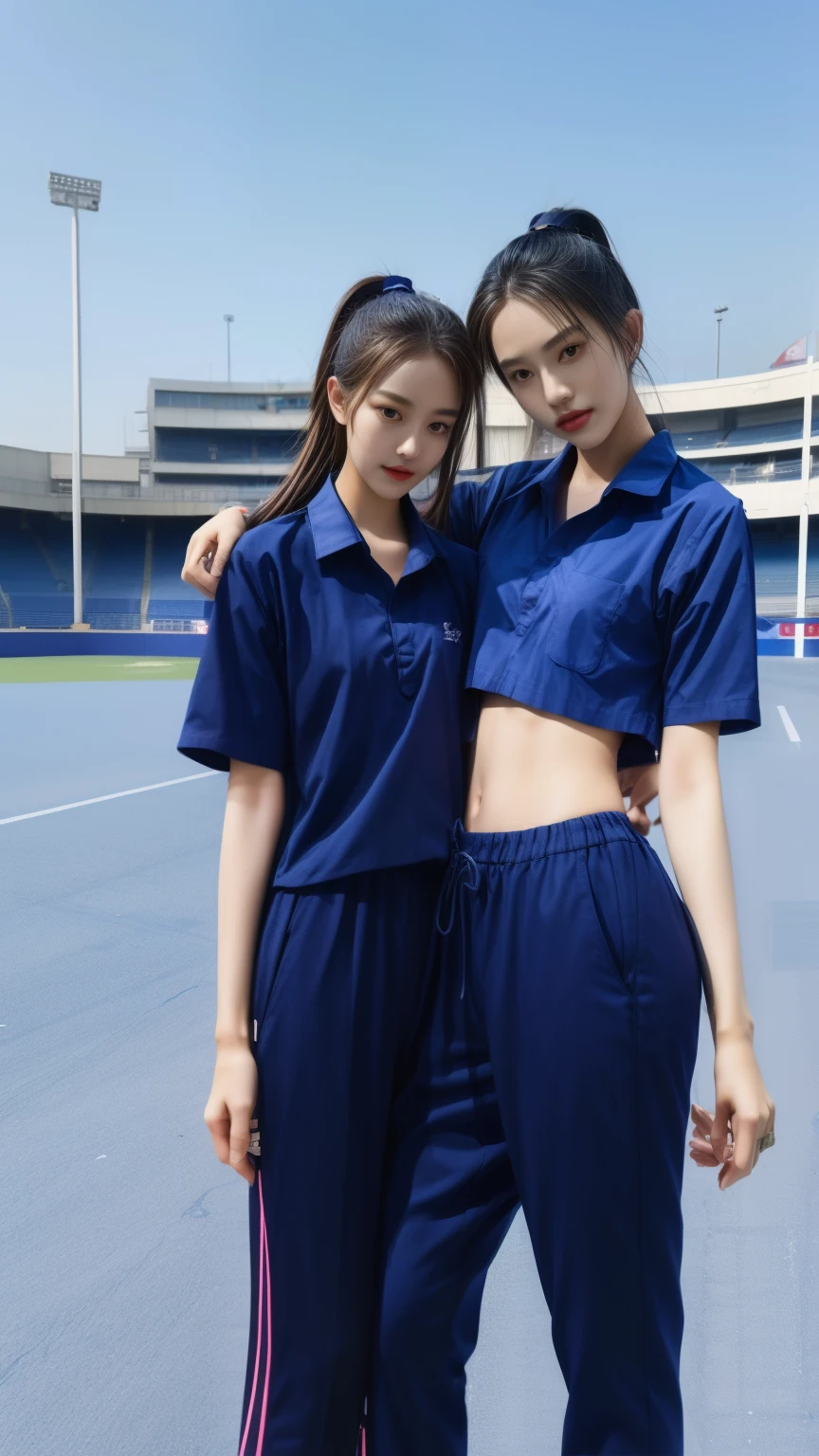 (bestquality,10,10,highres,masterpiece:1.2),ultra-detail,(Realistic,photorealistic portrait,photo-realistic:1.37),1 Cute girl in the football field,oily shiny skin,bara,light smile,BDclothes,((blue shirt:1.3)),short sleeves,shirt, trousers.,(navy_long_Pants Track:1.1), ((Stadium Background:1.3)),dynamic angle,excited,face focus,Dynamic Poses,from behide,Ass Focus,masterpiece, bestquality, ultra realistic, hyper-detail, 8k resolution, RAW photo, crisp focus, ((Navy blue shirt:1.1)), short sleeves, Long Path, Perfect body, 2 mature women, 18yo, cinematic light,Blue sweatpants,Gymware,Correct anatomy,Complete body, Correct body, sharp face, Anatomically correct body, full entire body, Realistic gestures, long-haired, Realistic poses,Wear long shorts................,Long leg span,Shapely,Sculpting Girl, Slender Figure, mannequin mannequins, Shapely, Beautiful body,Blue sweatpants, Two girls kissing