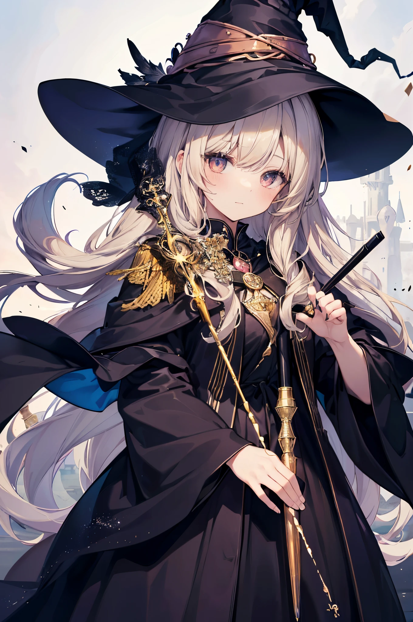 One lady, ((the witch)), fluffy hair, One woman with long beige hair, ((the witch)), fluffy hair, Beige long hair, Witch'robe and fluffy skirt, ((He has a big magic wand in both hands.:1.3)), (Beautiful Black Witch Hat), Holding a magic wand with both hands, kawaii, masutepiece, high-level image quality, hightquality