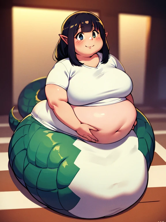 ((Masterpiece)), 4K, realistic anime, obese 1girl, obese lamia, scales, white shirt, full body, obese body, Original Character, fat arms, fat belly, big cheeks, cute and fat face, fat taill, Volumetric Lighting, Best Shadows, Shallow Depth of Field, Stunningly Beautiful Girl, Petite, Delicate Beautiful Attractive Face, WeightObese