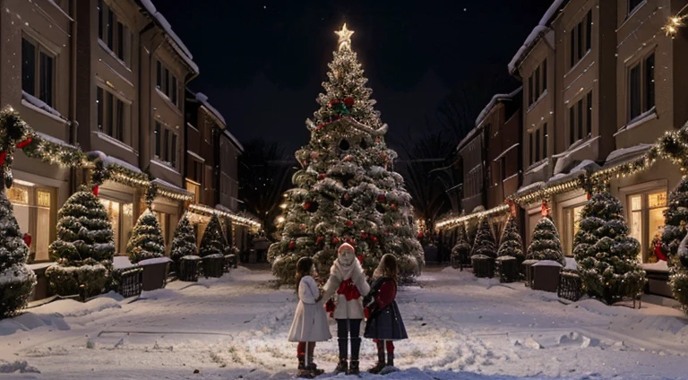 (best quality,highres),ultra-detailed,realistic,large outdoor Christmas trees being decorated,joyful atmosphere,children helping,sparkling lights,ornaments and baubles reflection,crisp winter air,white snowflakes falling,red ribbons and bows,fragrant pine scent,cozy holiday cheer,picturesque scenery,warm glow of street lamps,festive music playing,charming winter wonderland.