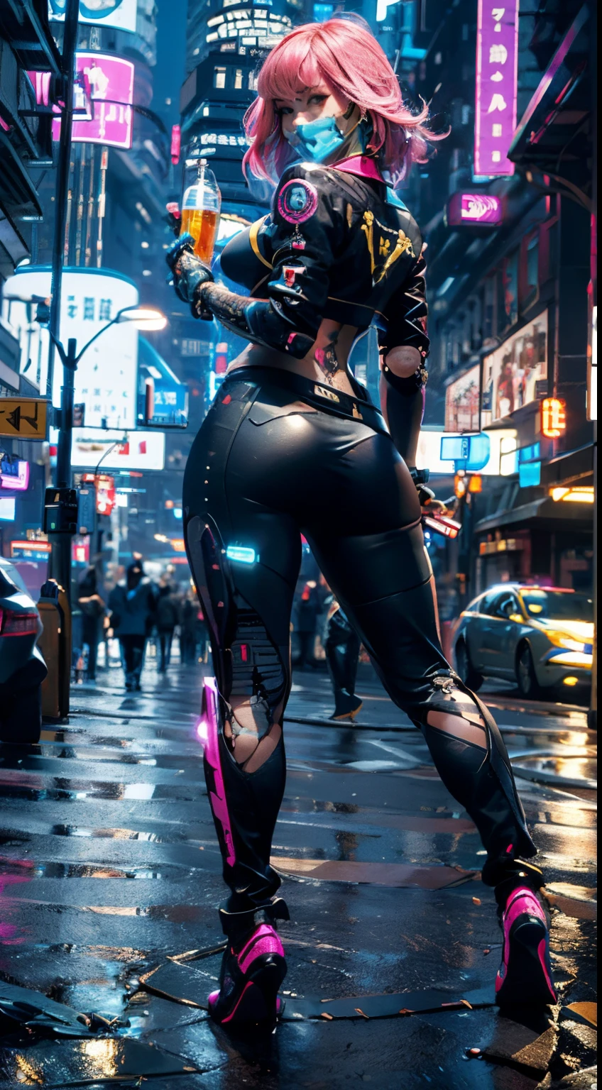 Masterpiece, Maximum Quality, extra high resolution, 8K, A girl,beautiody,21 old years,light skin, extremely beautiful,A strong look, Odin,bust portrait,Cyberpunk outfit, extremely detailed face, 詳細な目, mischievous smile, cheerful, foto realista, Absolutely realistic, Human pellet, studio lightning,golden ratio body, wide hips,perfect foots, big ass,pink hair,blunt bangs,Blue and white clothes,D cup breasts,In Cyberpunk City,cyberpunk city background,((night time)),Sateen,side pose,Tatoo,Happy,Cyborg,Mechanical mask