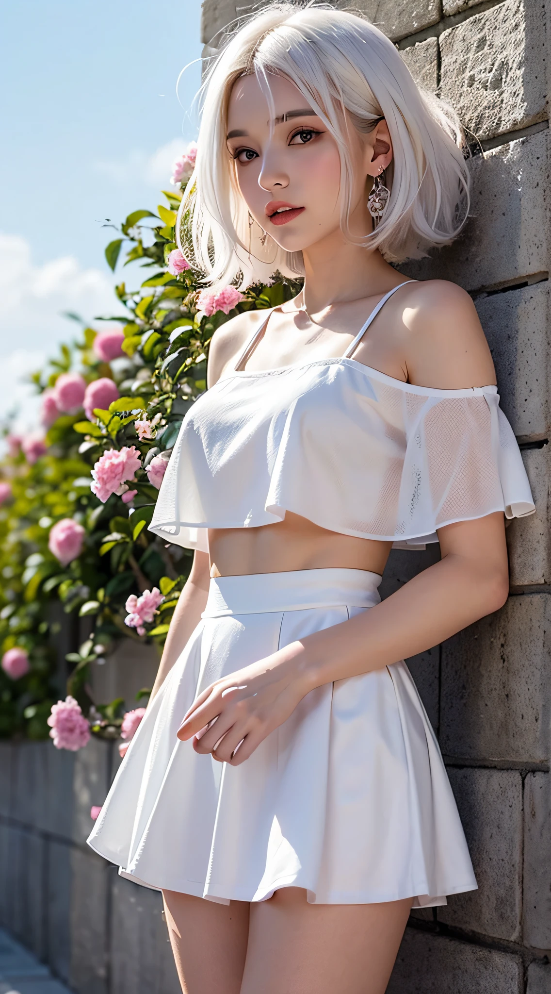 Realistic, 1girl, white hair, purple eyes, glowing eyes, cropped top, skirt, parted lips, blush, night, flowers, sun, sunlight, white skirt, short skirt, medium length hair, real, warm colors, white short Dress, white clothes, light background color, day environment, bright color background, saudi, ocean, cute,