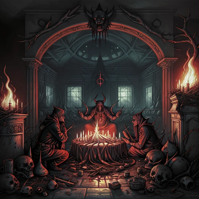 satanic ritual in the center of the apocalyptic room. fire, thorns, suffering. sketch color drawing. illustration: Dan Seagrave.