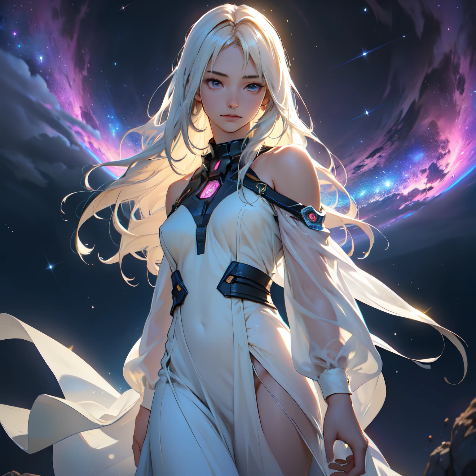 (Best Quality,hight resolution,masutepiece:1.2),Ultra-detailed,(Realistic,Photorealistic,photorealestic:1.37),A  girl, floating in space of weightlessness,Nebula background,dreamy atmosphere,Vivid colors,beautiful detail eyes,Long flowing hair,Floating dress,peaceful expression,soft-lighting,Weak clouds,Foggy haze,Celestial Being,Broadcast medium,Cosmic Energy,Magic Glow,a surrealistic landscape,Airy texture,otherworldly charm,Celestial aura,shining light,Interrupting movement,ExquisiteDetails,Create a sense of surprise