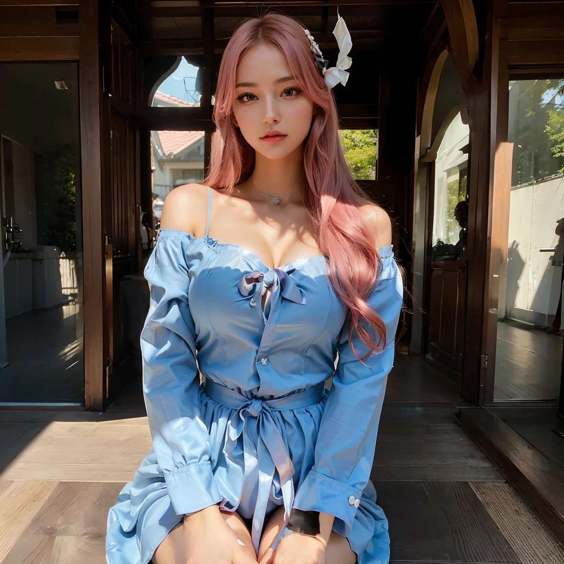 (finely detailed beautiful eyes and detailed face,masterpiece sidelighting,masterpiece,best quality,detailed,high resolution illustration),, (1girl,whole body,bishoujo,lustrous skin,looking down,looking at viewer),, (pink hair,blue eyes,ribbon,hanbok, korean clothes), (clothed_underbust:1.2),underboob, perfect fingers, perfect body, perfect arms, perfect legs, perfect face