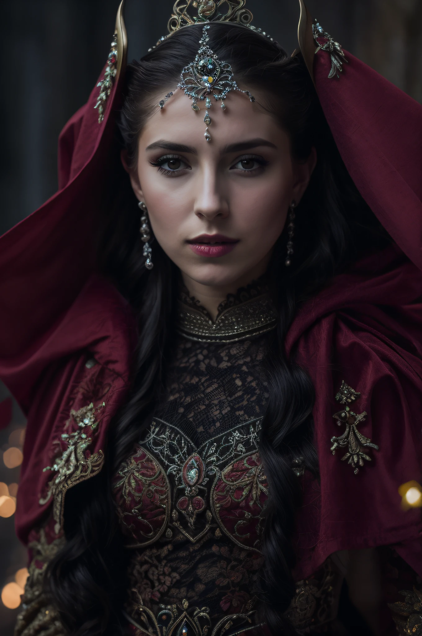 foto RAW, primer plano de una persona disfrazada, retrato de personaje inspirado en Magali Villeneuve, ganadora del concurso Artstation, Fantasy art, bella reina vampiresa, bella reina demonio elegante, Dark fantasy portrait, (highly detailed pale skin:1.2), 8k UHD, DSLR, Soft lighting, alta calidad, hiperrealista, Film grain, Fujifilm XT3