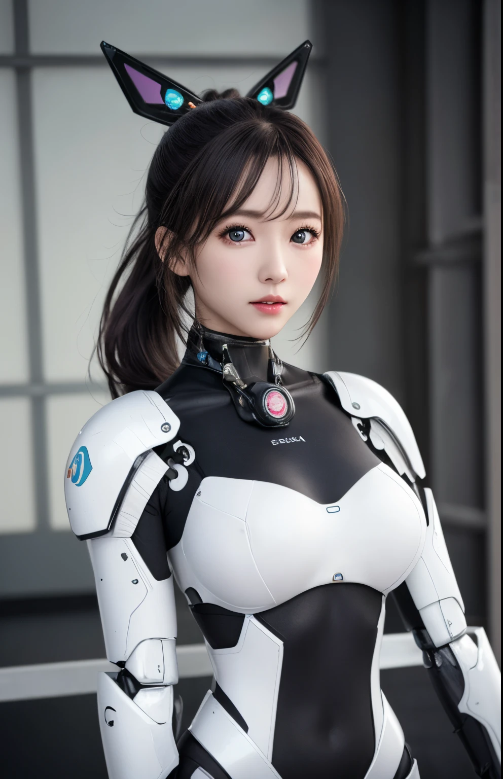 (high quality photograph:1.2), (Realism:1.2), Girl in Mecha Cyber Armor, asuka suit, wearing techwear and armor, (美丽的面容), (big eyes beautiful eyes), Ponytail with black hair, (perfect tits), Bust Sharp Hocus,
