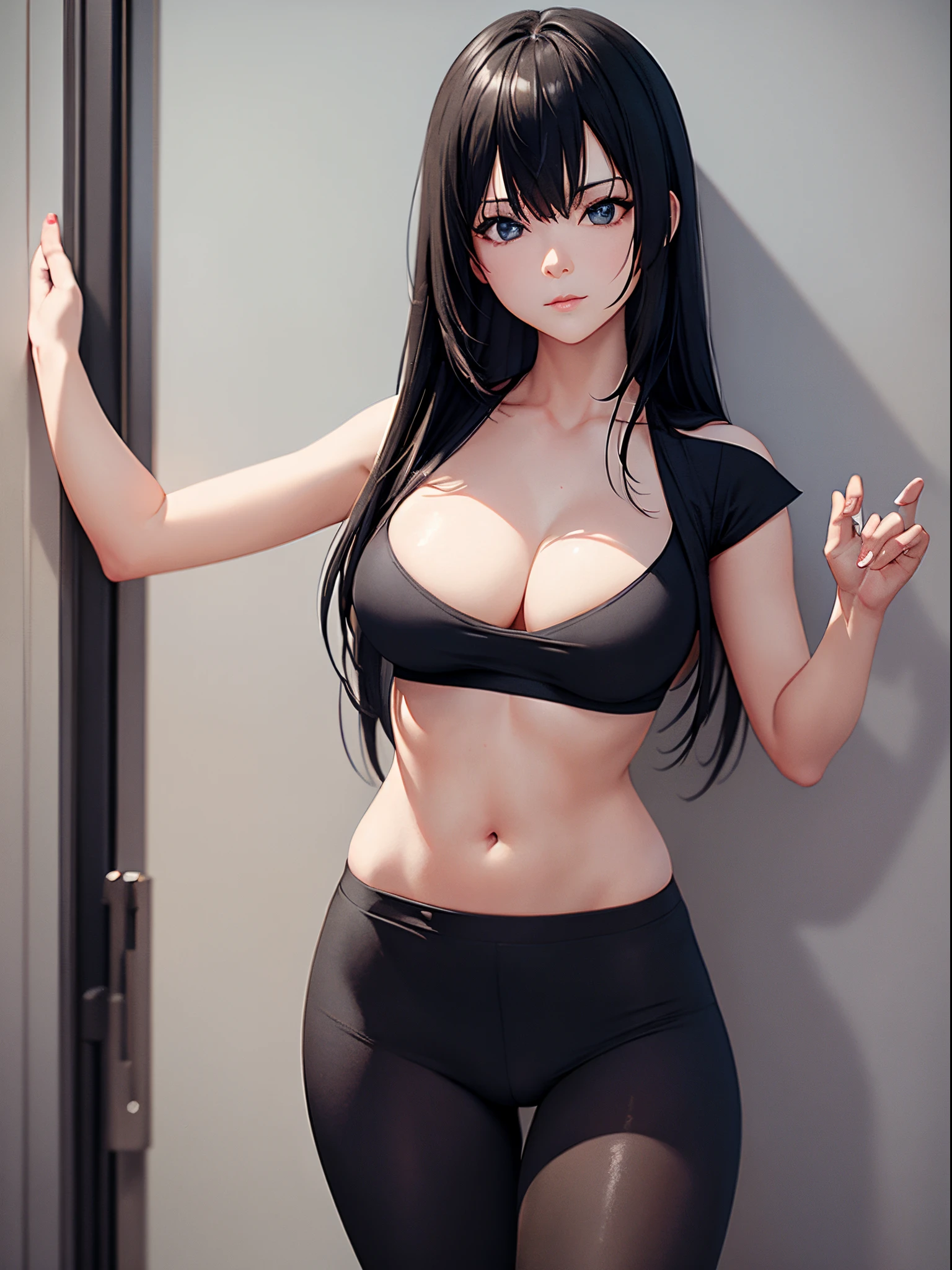 A woman wearing white short sleeves and black leggings，Posing for photos leaning against the door, Exposing the abdomen，The figure is good，The head is not exposed，[ 4K realism ]!!, [ 4K realism ]!!!, [ 4K digital art ]!!, Realistic shadow perfect body, realisticlying!!!!!!! art-style, photorealistic anime, by Shitao, Popular topics on cgstation, Casual pose, realistic anime 3D style