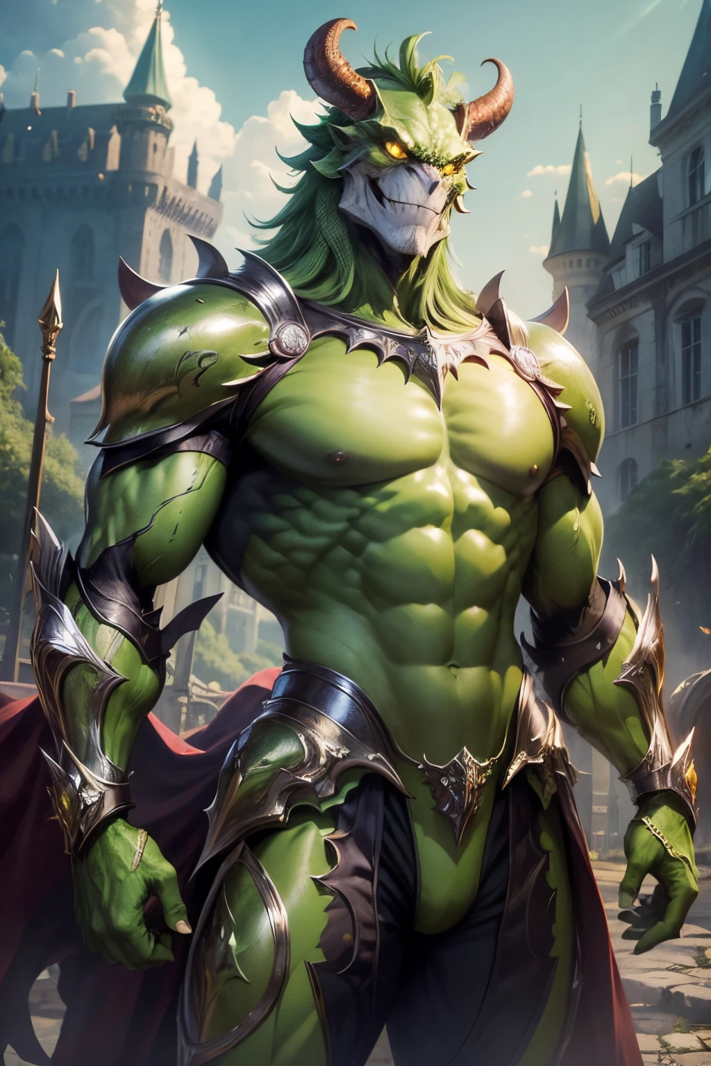 超A high resolution、An ultra-high picture quality、8K、Detailed details、marvelous expression、Beastman、Chameleon Man、super slender man、Wear metal armor on a yellow-green body.、long limbs、Invincible smile、uptight、terror、landscape with old european castles