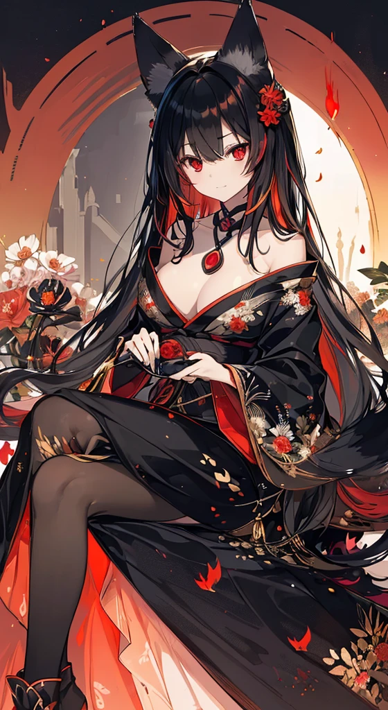 (extremely detailed CG unity 8k wallpaper), (((ultra-detailed))), ((extremely detailed)), (((intricate details))), (((best illustration))), best illumination, ((extremely delicate and beautiful)), ((an extremely delicate and beautiful girl)), colorful, manjusaka, red flower field, (((colorful flowers))), ((solo:1.9)), ((fox girl)), (Black and red Kitsune with long black hair with fox ears and fox tail), (black fox ears:1.4), (red fox ears:1.6), (black single fox tail:1.7) (red fox tip tail:1.3), ((finely detailed beautiful eyes and detailed face)), sad expression, melancholic smile, long hair, (((black hair))), (red eyes:1.9), beautiful detailed eyes, mature female, gentle, slender, medium breast, (Black and red sexy elegant kimono dress:1.3), (medium height black boots:1), ((black choker with red pendent:1)), manjusaka birthmark on neck, sitting, bishoujo, 19 years old,