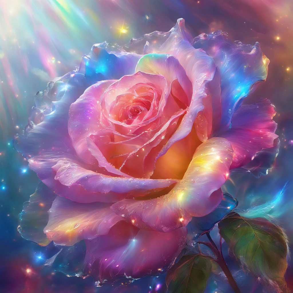 A radiant rose with petals displaying rainbow-like colors,emanating the light of both the sun and the moon,Crystal material,Light,cleanness,super-fine,Hyper-realistic,best qualtiy