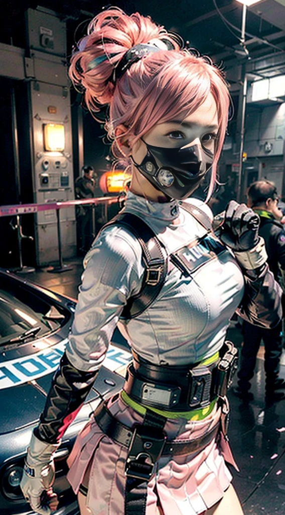 Top Quality, Ultra High Definition, (backlight), (Photorealistic:1.4), (cowboy shot, from behindFF), 1 Beautiful Girl, (Kpop Idol), Detailed Face, (Pink updo Hair:1.3), (Running), (looking at viewer), Contrapposto, Smooth Skin, Perfect Anatomy, Professional Lighting, ((wearing Futuristic Police Racing Suits, mini body-conscious skirt, police wappen, High-tech Headset, military harness, racing gloves, carry machinegun on back)), ("POLICE", Cloths based on silver pink black white), (background, (Audience Coming close), crashed cars, fire, (Explosion)),