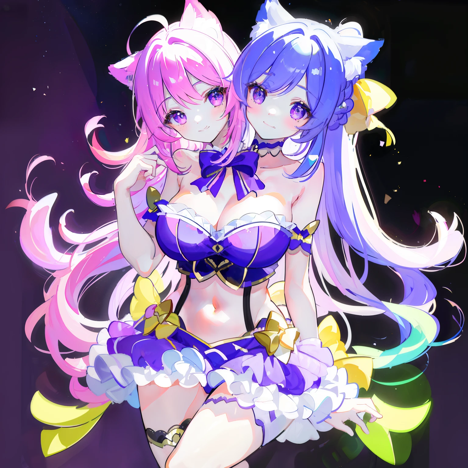 (masterpiece, best quality), best resolution, (2heads:1.5), 1girl, full bodyesbian、Looking at the camera、Arms on the side of the body、frontage、simple background、 Artistic portrait of a woman、a smile、virtual youtuber、pastels、multi colored、colourfull、length hair、large boob、cat ear、bow ribbon、Purple eyes