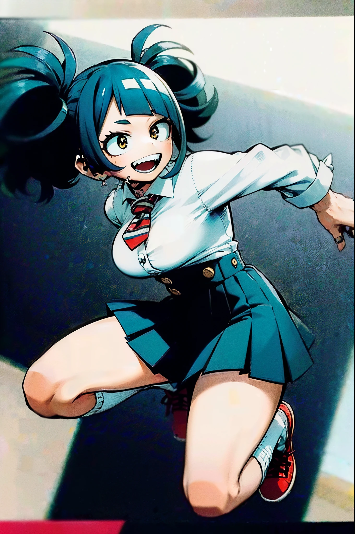 masterpiece, best quality, High quality, ultra detailed, 1girl, solo, full body, (((blue hair))), ((Medium short hair)), ((messy Hair)), (Short hair), (((Unkempt hair))), ((big sized short twin tails)), ((diagonal bangs, blunt bangs, slant bangs, straight bangs)), ((Yellow eyes, yellow color contact lens, slant eyes)), ((thick eyebrows)), (((open mouth, smile, fangs, sharp teeth))), ((wears the regular U.A. uniform for female students. It is topped with a gray dress jacket, two teal stripes, two pockets with folds, and two golden buttons. she wears a white dress shirt, a red necktie with a small, golden button, and a teal pleated skirt. She also wears yellow sneakers)), (((white loose socks))), spike choker, huge breasts, lots of earrings, tattoos on legs, slim legs, standing, pow pose, looking at viewer, yellow and black and blue background