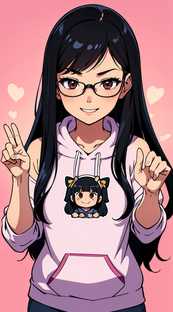 Chibi, One Girl with black straight hair, straight hair, shoulder lenght hair. Brown eyes, wearing glasses, hair parted in middle, no bangs, no fringe, hair parted in center, round face, little chubby. Happy and smiling. Laughing face, Cute pose, Perfect body, perfect anatomy, detailed face, perfect hands, perfect fingers. Perfect body proportions. HD, clear picture. hairstyle with a center part, that the hair should be parted down the middle, creating a symmetrical look without any frontal hair covering the forehead. Wearing hoodie. Cute pose. Cute posing style. Blushing. Cute. Happy. Cute pose with happy face. Enjoying the moment. Nice and happy pose.