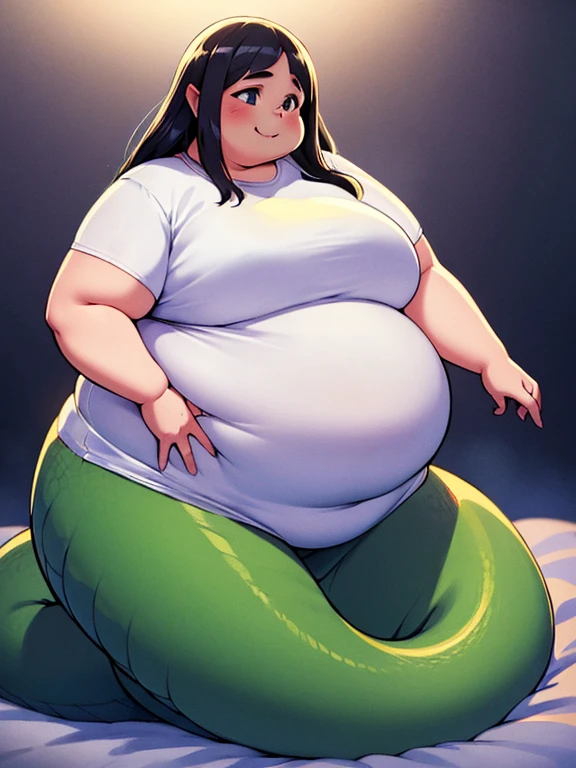 ((Masterpiece)), 4K, realistic anime, obese 1girl, obese lamia, scales, white shirt, full body, obese body, Original Character, fat arms, fat belly, big cheeks, cute and fat face, fat taill, Volumetric Lighting, Best Shadows, Shallow Depth of Field, Stunningly Beautiful Girl, Petite, Delicate Beautiful Attractive Face, WeightObese