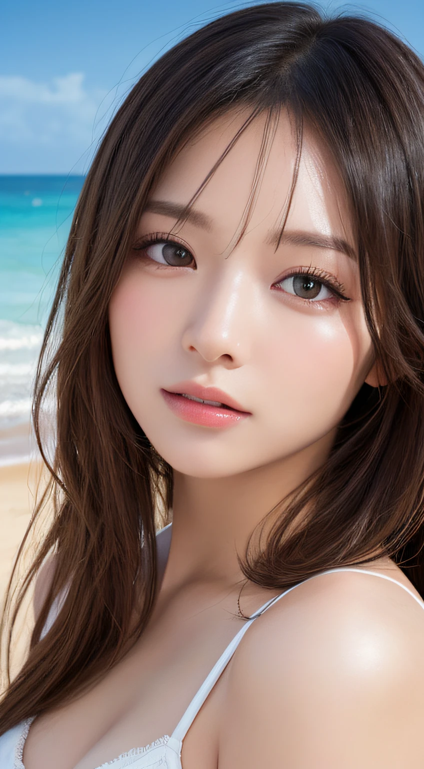 masutepiece, Best Quality, Illustration, Ultra-detailed, finely detail, hight resolution, 8K Wallpaper, Perfect dynamic composition, Beautiful detailed eyes , the beach, Sexy face,Face feeling ecstasy,Face at the peak of sexual arousal,face of a woman feeling ,beauty legs