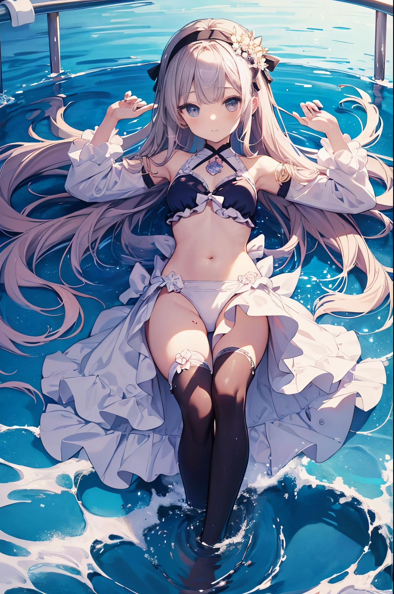 ((2D Beautiful Girl、top-quality、perfect fingers:1.1、perfect anatomia:1.1、Perfect outfit、Beautiful illustration))、cute petit girl、(transform sequence)、((cute decorative headband、pretty swimsuit))、12year old、Solio、Lori、Fractal Art、baby-face、((stright long hair))、beatiful detailed eyes、winc、glad、(Full Body Display)、((1人))、Resort pool in the background、