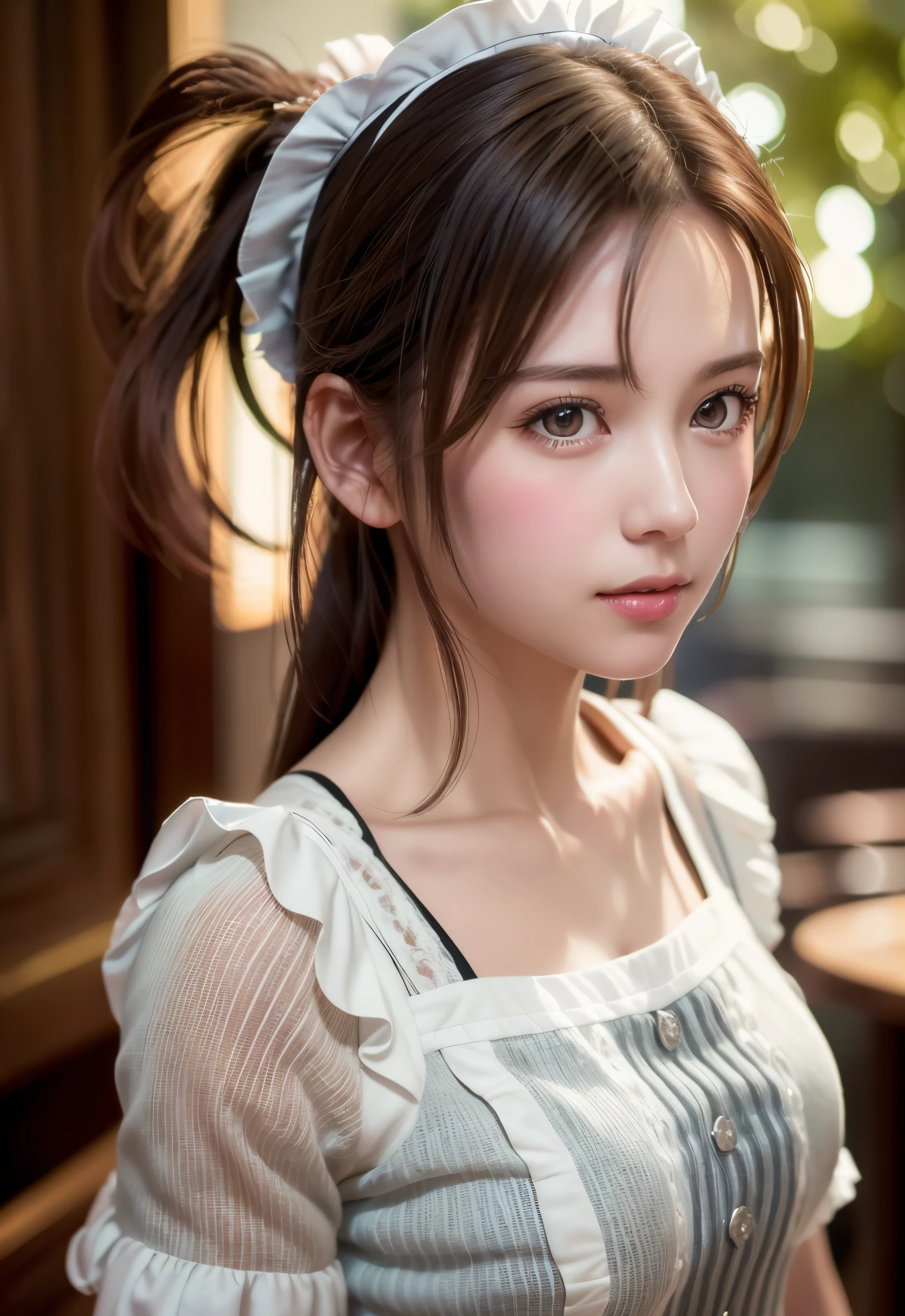 8K, of the highest quality, masutepiece:1.2), (Realistic, Photorealsitic:1.37), of the highest quality, masutepiece, Beautiful young woman, Pensive expression,、A charming、and an inviting look, Cute Maid Clothes, Hair tied back, Cinematic background, Light skin tone