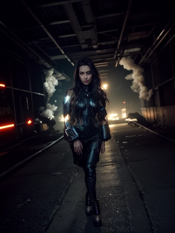 a beautiful woman cyborg warrior in the Style-RustMagic, cyberpunk augmentation, cyberware, cyborg, carbon fiber, chrome, implants, metal skull, cyber plate armor, (dark atmosphere:1.2), (fog & smoke), (dark night:1.3), scars, (dark medium length disheveled hair:1.1), (eyeshadow:1.1), (beautifully detailed glow:1.2), (Cinematic lighting), intricate detail, highres, rounded eyes, detailed facial features, sharp focus, smooth, aesthetic, detailed dark industrial factory background, stylish pose, dynamic pose, (dramapaint), (opt-6000:0.9)