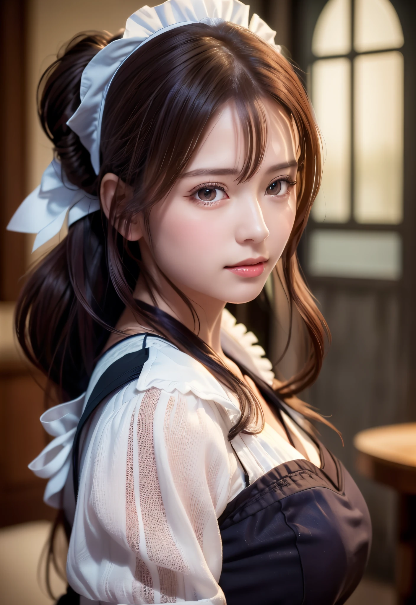 8K, of the highest quality, masutepiece:1.2), (Realistic, Photorealsitic:1.37), of the highest quality, masutepiece, Beautiful young woman, Pensive expression,、A charming、and an inviting look, Cute Maid Clothes, Hair tied back, Cinematic background, Light skin tone