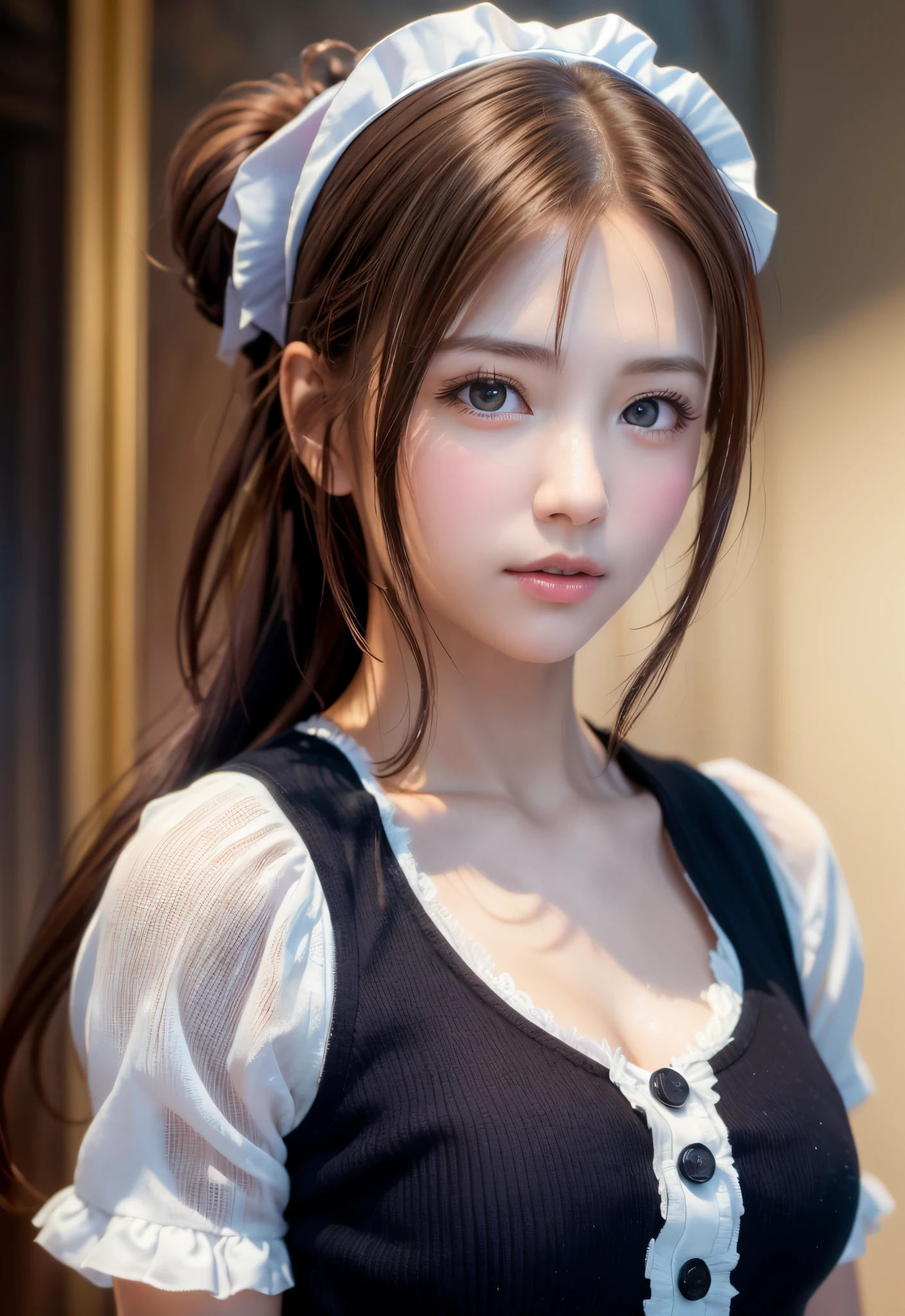 8K, of the highest quality, masutepiece:1.2), (Realistic, Photorealsitic:1.37), of the highest quality, masutepiece, Beautiful young woman, Pensive expression,、A charming、and an inviting look, Cute Maid Clothes, Hair tied back, Cinematic background, Light skin tone