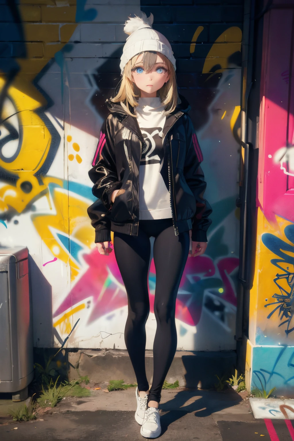 (masterpiece:1.2, best quality), (graffiti wall:1.2), 1lady, beanie, jacket, Leggings, blue eyes, fullbody,