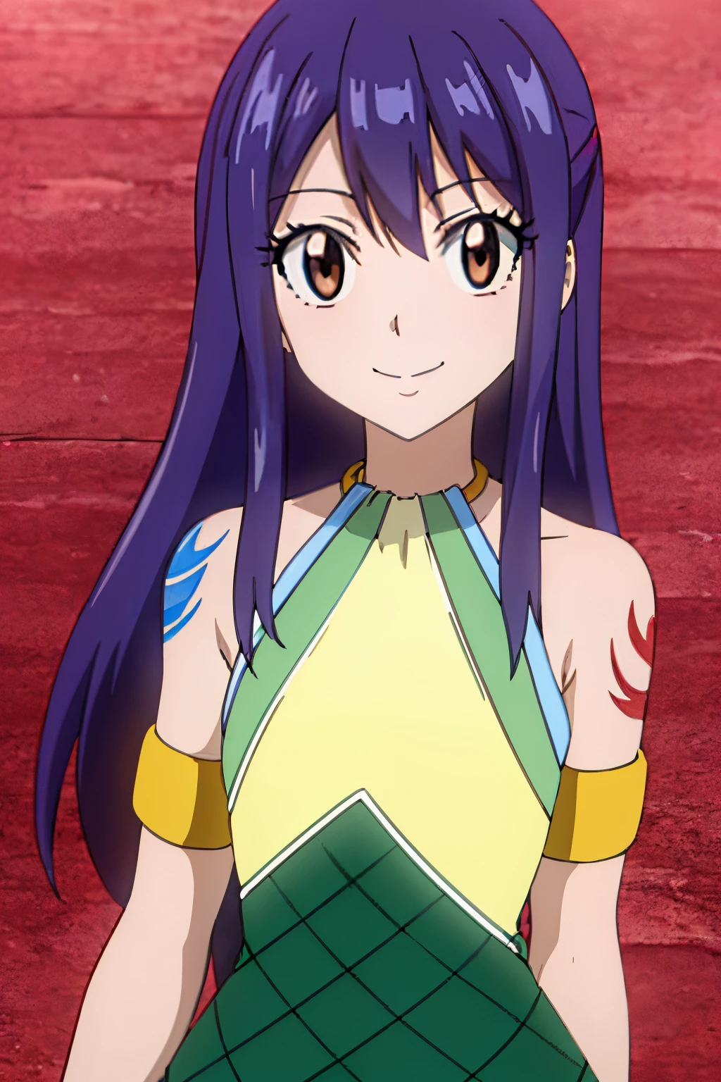 WENDY MARVELL, LONG HAIR, (BROWN EYES:1.2), BLUE HAIR, BARE SHOULDERS, TATTOO, ARMLET, DRESS, GREEN DRESS, 1girl, solo, facing viewer, looking at viewer, upper body, smile,